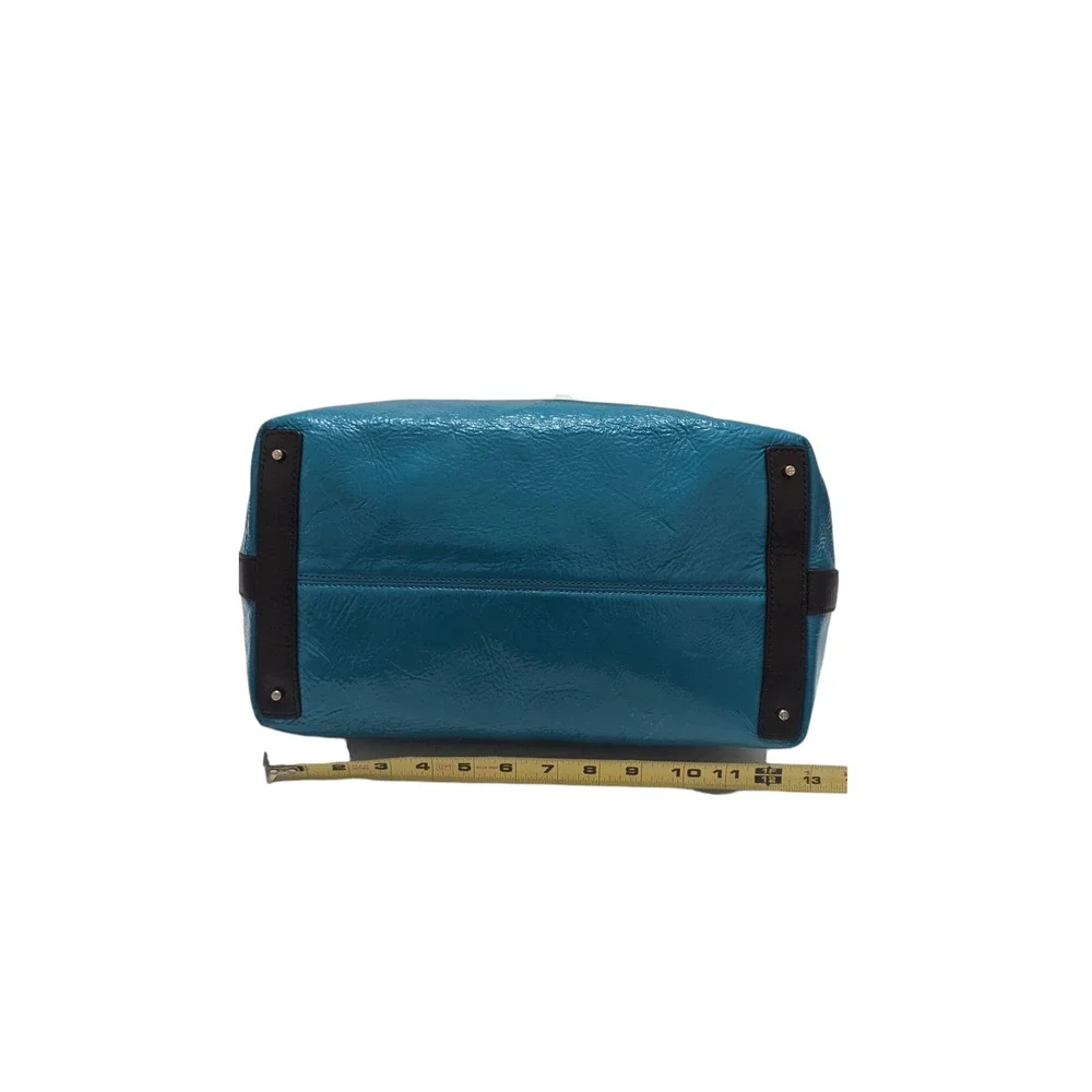 Kate Spade New York Teal Blue Crinkled Patent Leather‎ Brown Trim Tote Bag